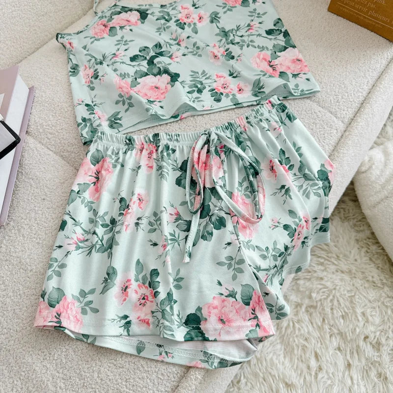 Women Casual Pajama.  Ladies Print Round Neck Ice Silk Top T-Shirt and Shorts Sets Breathable Comfortable Home Wear.