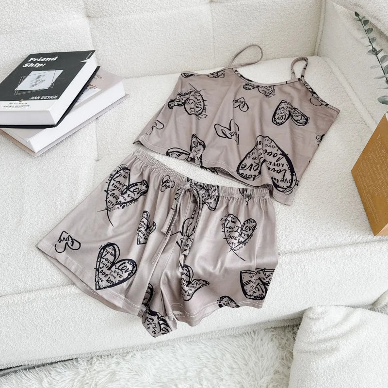 Women Casual Pajama.  Ladies Print Round Neck Ice Silk Top T-Shirt and Shorts Sets Breathable Comfortable Home Wear.