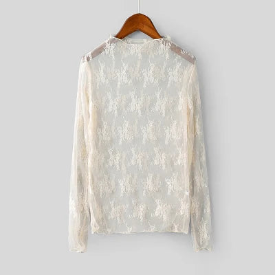 Flower Embroidered Lace Shirt Sexy Perspective Long Sleeve Women's Top Shirt.