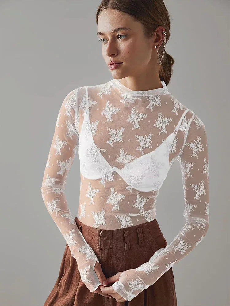 Flower Embroidered Lace Shirt Sexy Perspective Long Sleeve Women's Top Shirt.