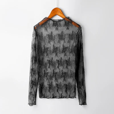 Flower Embroidered Lace Shirt Sexy Perspective Long Sleeve Women's Top Shirt.