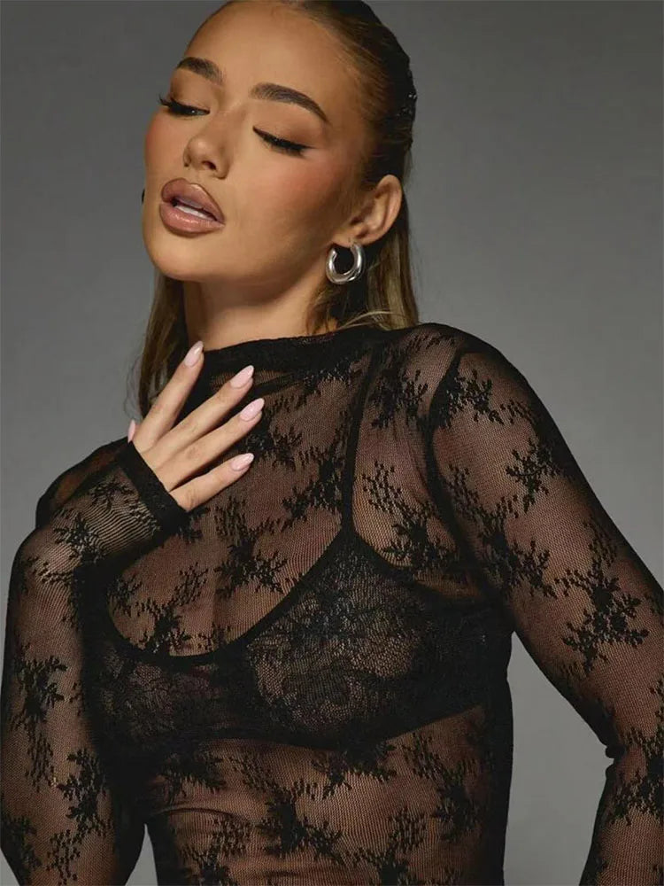 Flower Embroidered Lace Shirt Sexy Perspective Long Sleeve Women's Top Shirt.