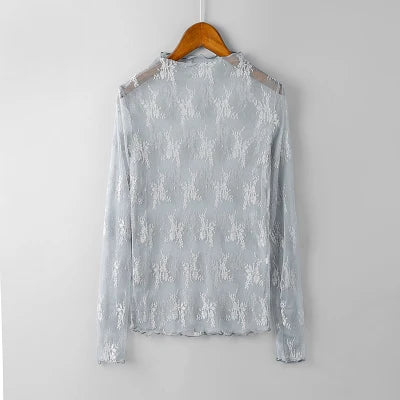 Flower Embroidered Lace Shirt Sexy Perspective Long Sleeve Women's Top Shirt.