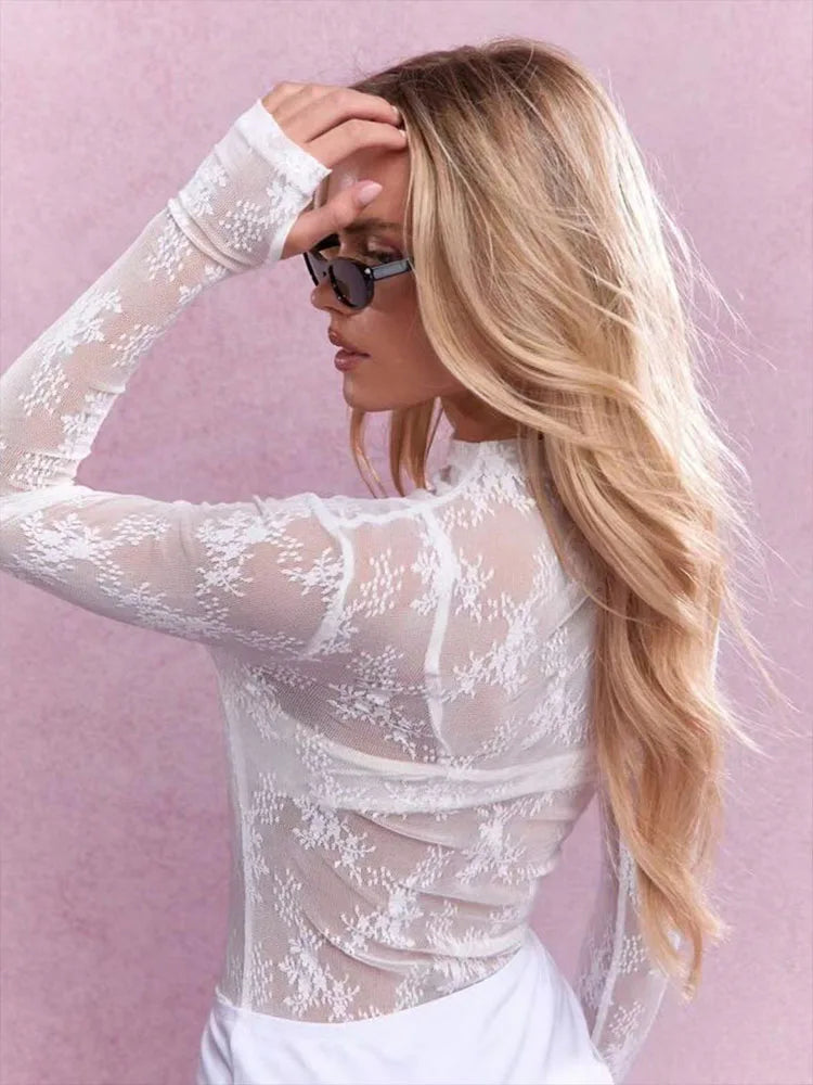 Flower Embroidered Lace Shirt Sexy Perspective Long Sleeve Women's Top Shirt.