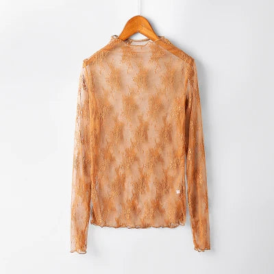 Flower Embroidered Lace Shirt Sexy Perspective Long Sleeve Women's Top Shirt.