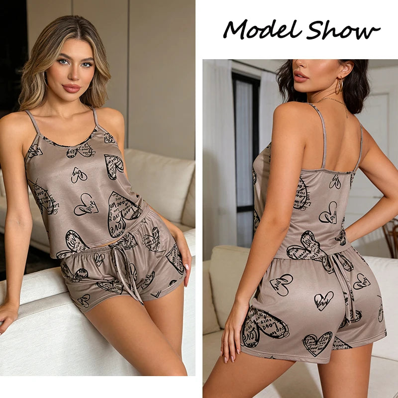 Women Casual Pajama.  Ladies Print Round Neck Ice Silk Top T-Shirt and Shorts Sets Breathable Comfortable Home Wear.