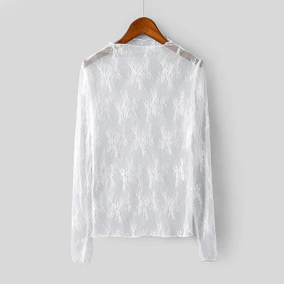 Flower Embroidered Lace Shirt Sexy Perspective Long Sleeve Women's Top Shirt.